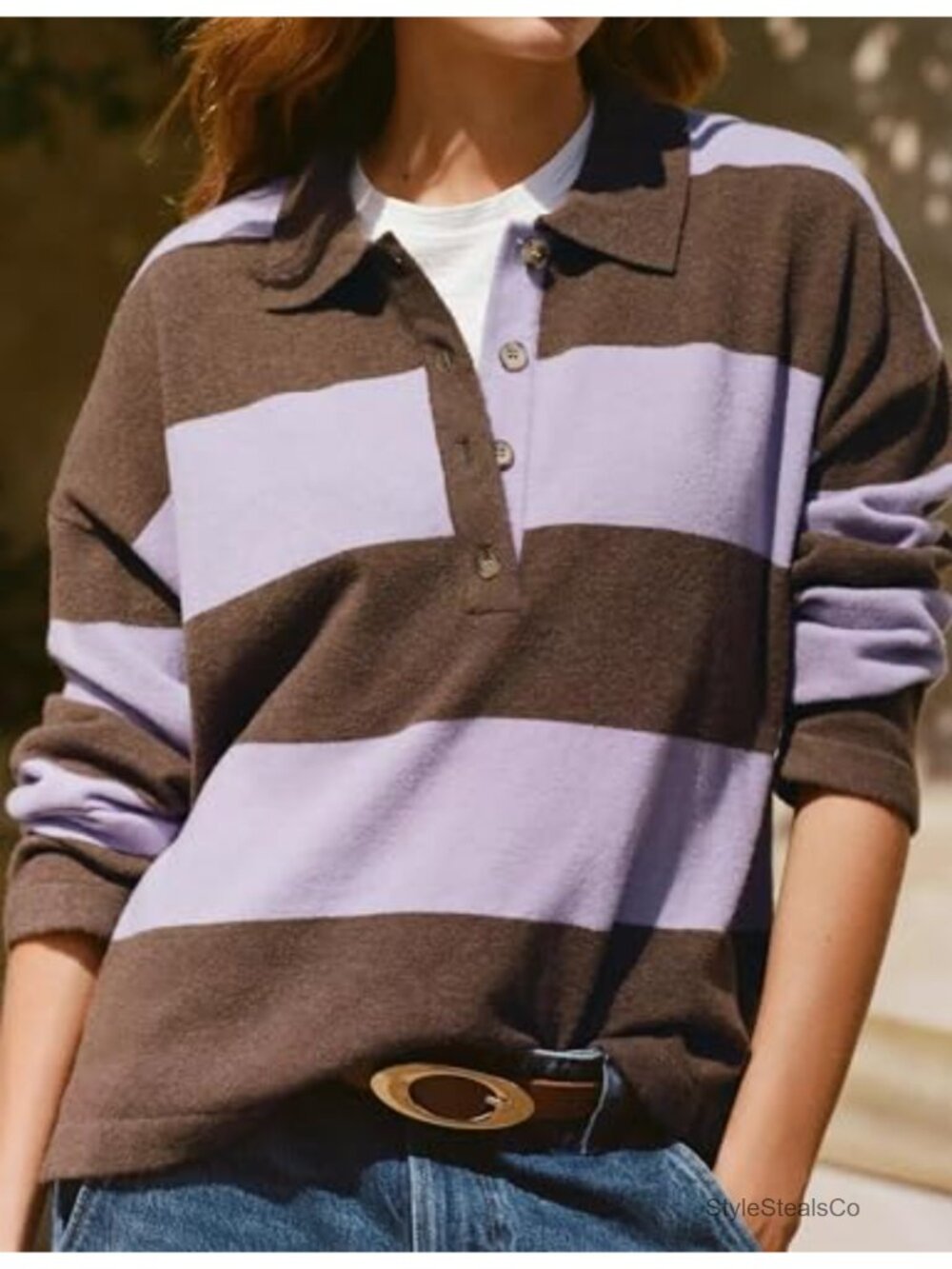Women's Rugby Shirt Striped Polo V Neck Long Sleeve Pullover Sweater Oversized - Picture 2 of 6